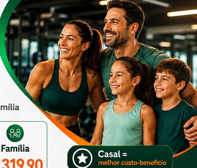 Família sorrindo em uma academia
